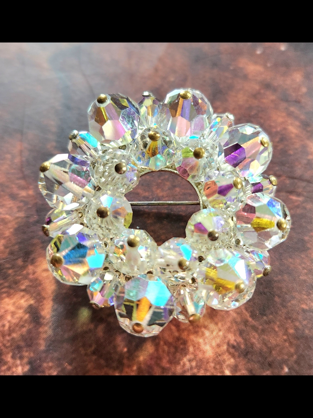 Vintage Crystal AB Wreath Brooch - Iridescent Clear